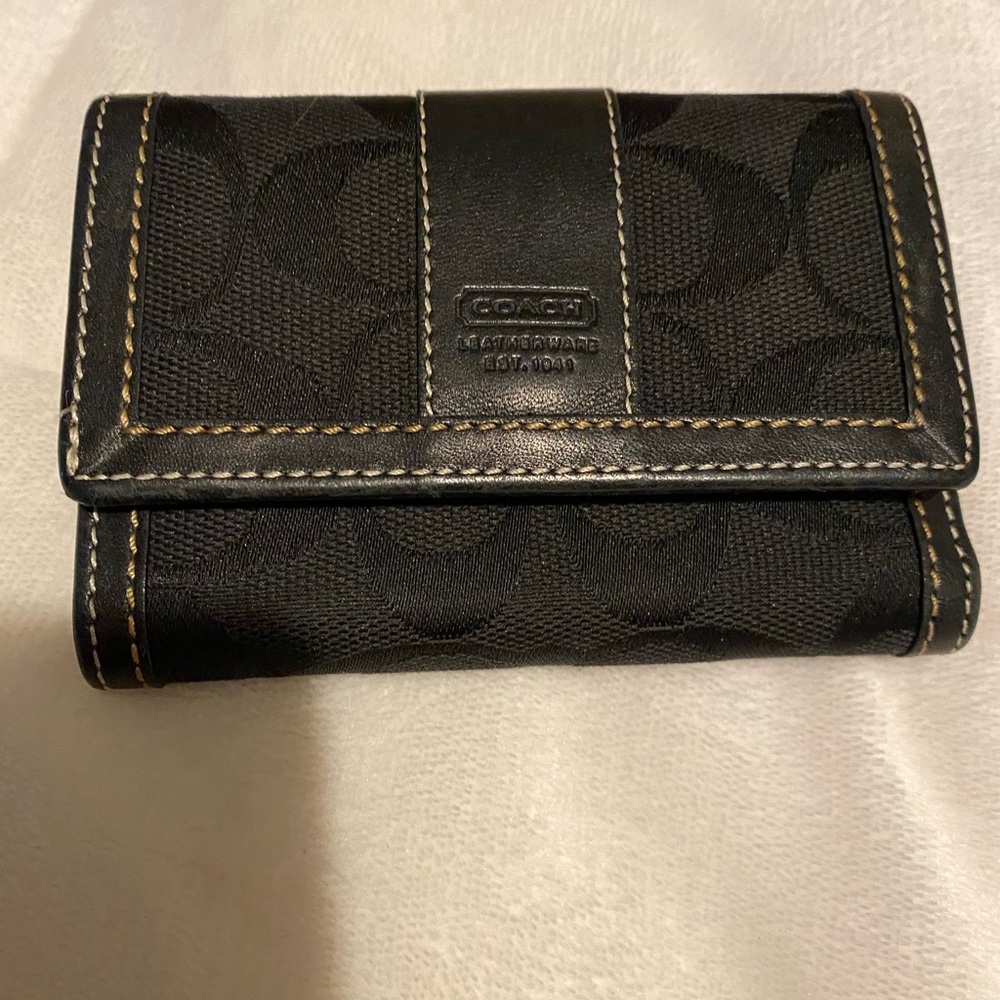 Coach mini trifold wallet black on black signature monogram with dust bag